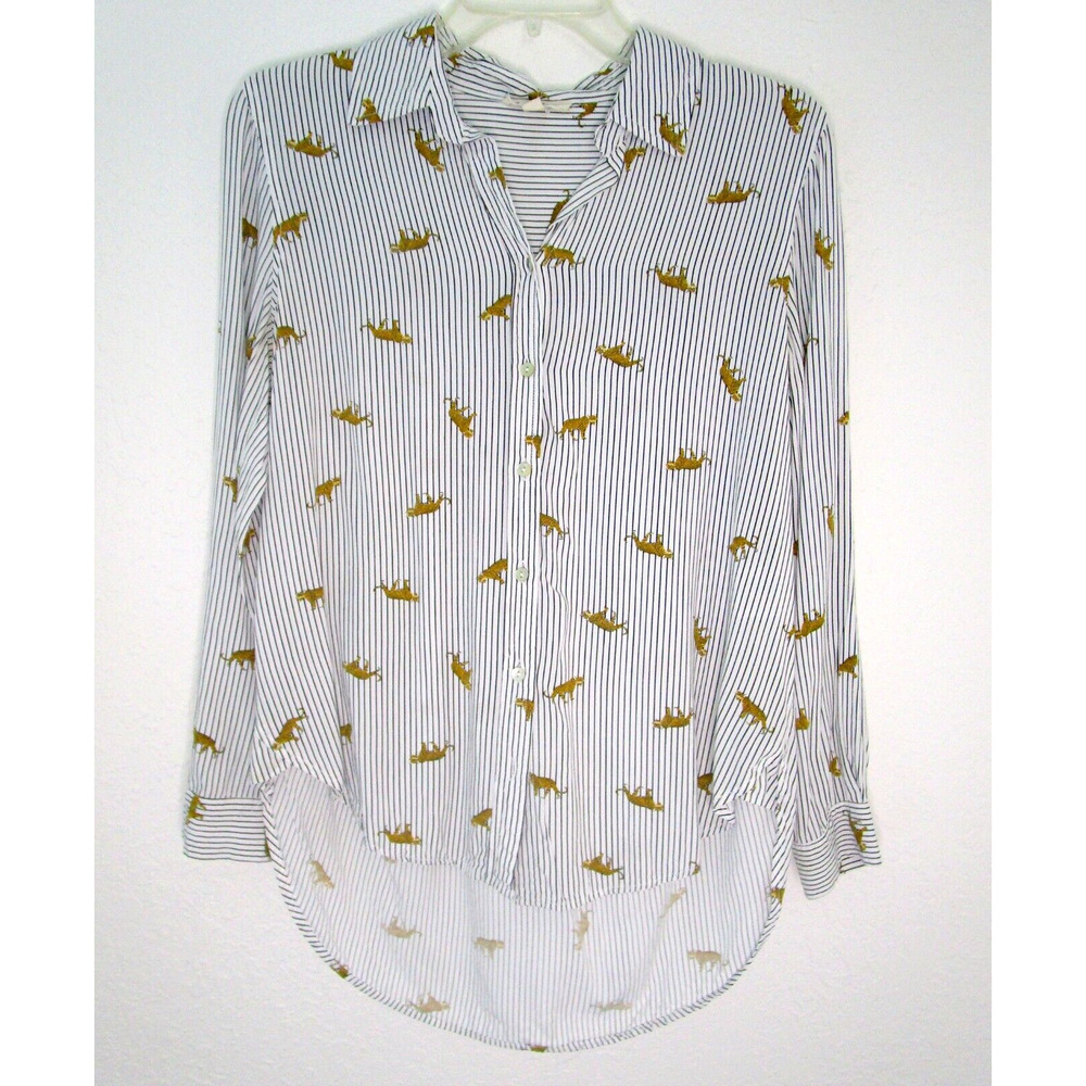 Jane & Delancey Stripe Leopard Print Graphic Long Sleeve Button Down Sz Small